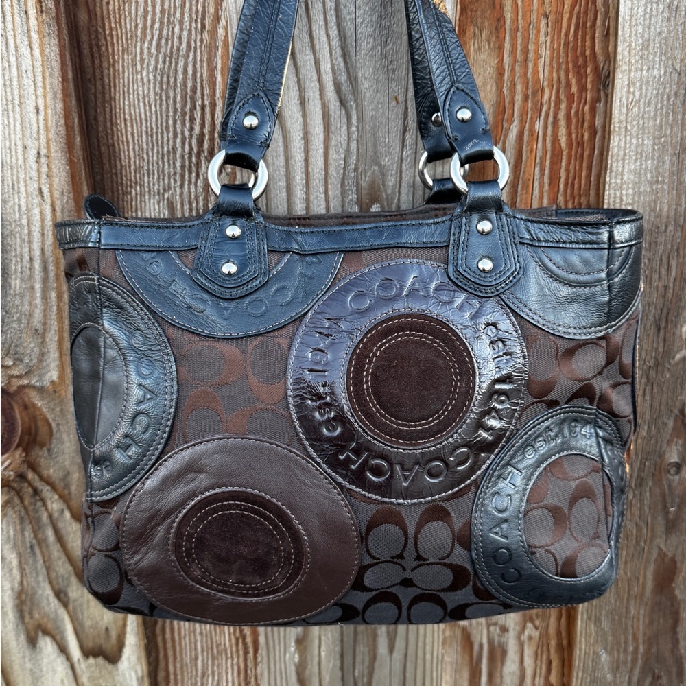 Y2K COACH Circle Patchwork Vintage Black & Brown F15466 Shoulder Handbag Purse